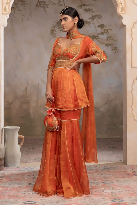 Shop Adi By Aditya Khandelwl Orange Silk Embroidery, Zari Sweetheart Neck Burnt Peplum Kurta Sharara Set Online at Aza Fashions Shop_Adi By Aditya Khandelwl_Orange Silk Embroidery, Zari Sweetheart Neck Burnt Peplum Kurta Sharara Set _Online_at_Aza_Fashions
