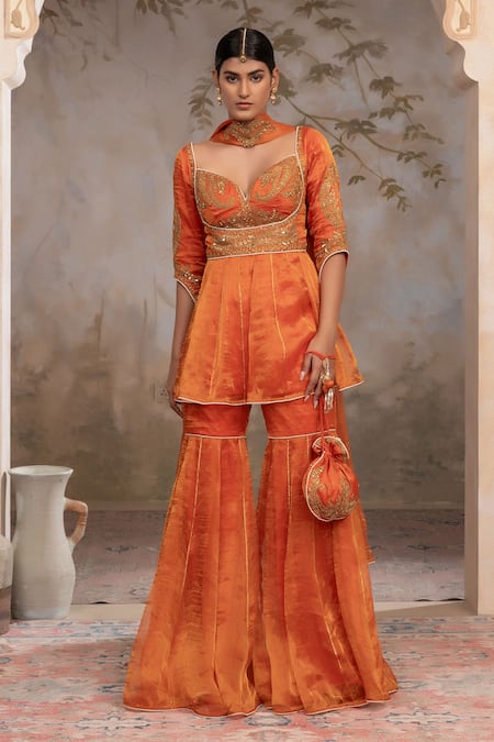 Adi By Aditya Khandelwl Orange Silk Embroidery, Zari Sweetheart Neck Burnt Peplum Kurta Sharara Set at Aza Fashions Adi By Aditya Khandelwl_Orange Silk Embroidery, Zari Sweetheart Neck Burnt Peplum Kurta Sharara Set _at_Aza_Fashions