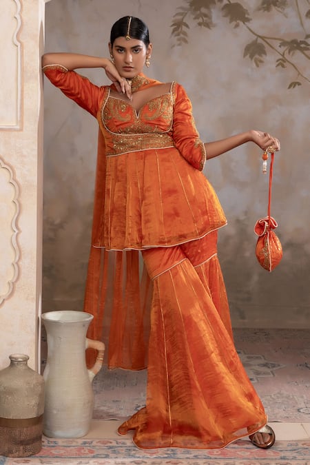 Buy Adi By Aditya Khandelwl Orange Silk Embroidery, Zari Sweetheart Neck Burnt Peplum Kurta Sharara Set Buy_Adi By Aditya Khandelwl_Orange Silk Embroidery, Zari Sweetheart Neck Burnt Peplum Kurta Sharara Set