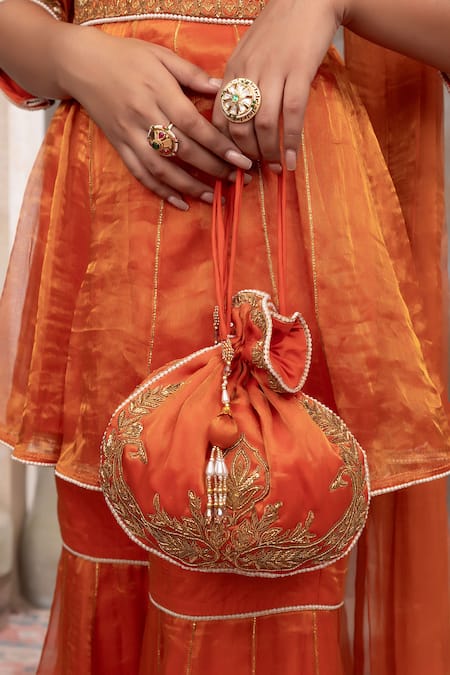 Shop Adi By Aditya Khandelwl Orange Silk Embroidery, Zari Sweetheart Neck Burnt Peplum Kurta Sharara Set Shop_Adi By Aditya Khandelwl_Orange Silk Embroidery, Zari Sweetheart Neck Burnt Peplum Kurta Sharara Set