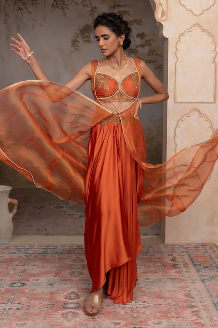 Shop Adi By Aditya Khandelwl Orange Silk Zari Sweetheart Neck Burnt Hand Embroidered Kurta Set Online at Aza Fashions Shop_Adi By Aditya Khandelwl_Orange Silk Zari Sweetheart Neck Burnt Hand Embroidered Kurta Set _Online_at_Aza_Fashions