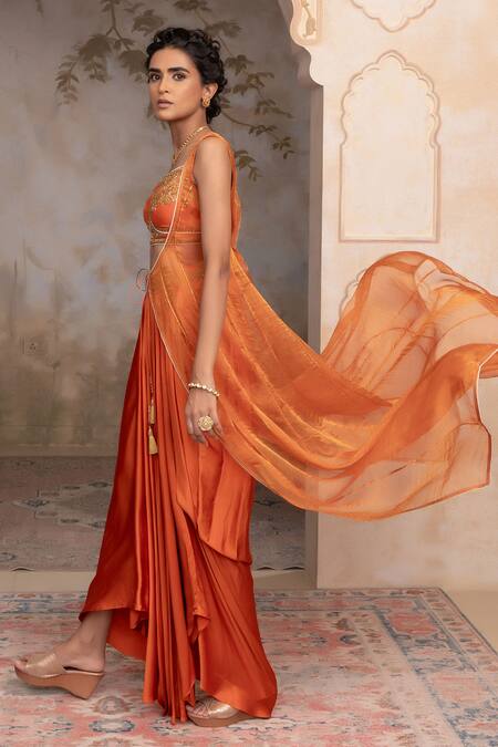 Buy Adi By Aditya Khandelwl Orange Silk Zari Sweetheart Neck Burnt Hand Embroidered Kurta Set Buy_Adi By Aditya Khandelwl_Orange Silk Zari Sweetheart Neck Burnt Hand Embroidered Kurta Set