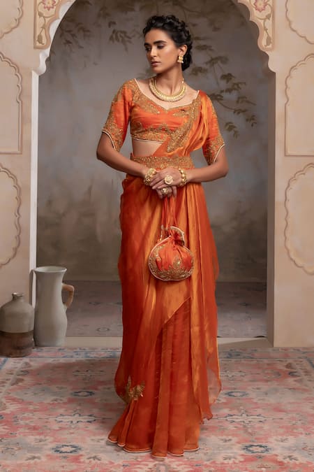Adi By Aditya Khandelwl Orange Silk Embroidery Scoop Neck Burnt Hand Kurta Set 
