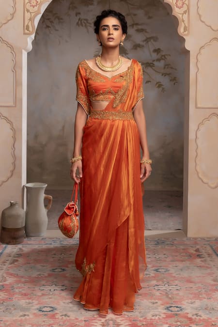 Shop Adi By Aditya Khandelwl Orange Silk Embroidery Scoop Neck Burnt Hand Kurta Set Online at Aza Fashions Shop_Adi By Aditya Khandelwl_Orange Silk Embroidery Scoop Neck Burnt Hand Kurta Set _Online_at_Aza_Fashions