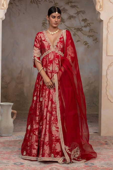 Adi By Aditya Khandelwl Red Jacquard, Silk , Embroidery V-neck Blood Hand Anarkali Set 