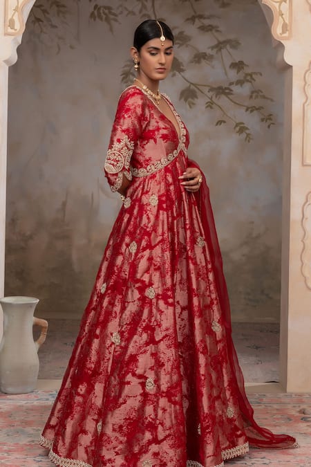 Adi By Aditya Khandelwl Red Jacquard, Silk , Embroidery V-neck Blood Hand Anarkali Set Online at Aza Fashions Adi By Aditya Khandelwl_Red Jacquard, Silk , Embroidery V-neck Blood Hand Anarkali Set _Online_at_Aza_Fashions