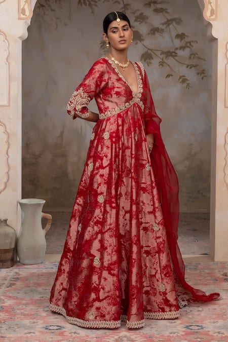 Shop Adi By Aditya Khandelwl Red Jacquard, Silk , Embroidery V-neck Blood Hand Anarkali Set Online at Aza Fashions Shop_Adi By Aditya Khandelwl_Red Jacquard, Silk , Embroidery V-neck Blood Hand Anarkali Set _Online_at_Aza_Fashions