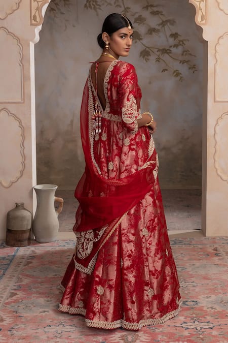 Adi By Aditya Khandelwl Red Jacquard, Silk , Embroidery V-neck Blood Hand Anarkali Set at Aza Fashions Adi By Aditya Khandelwl_Red Jacquard, Silk , Embroidery V-neck Blood Hand Anarkali Set _at_Aza_Fashions