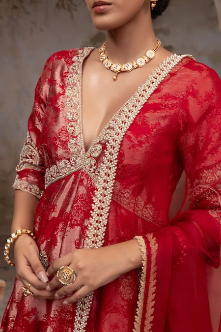 Buy Adi By Aditya Khandelwl Red Jacquard, Silk , Embroidery V-neck Blood Hand Anarkali Set Buy_Adi By Aditya Khandelwl_Red Jacquard, Silk , Embroidery V-neck Blood Hand Anarkali Set