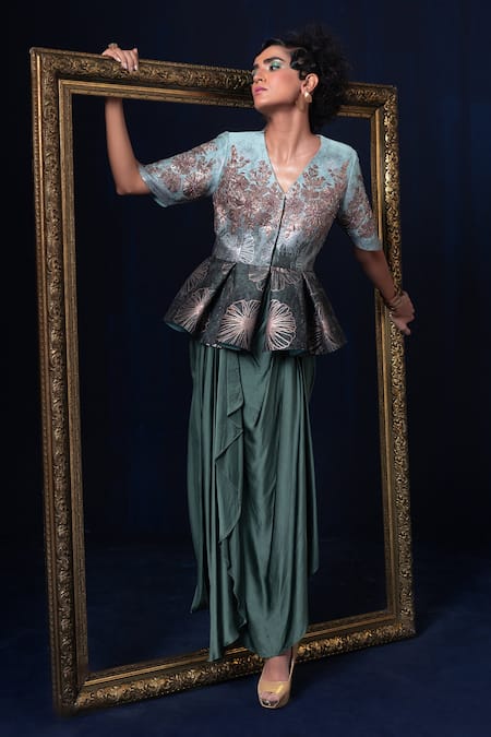 Adi By Aditya Khandelwl_Blue Jacquard Embroidery V-neck Hand Peplum Top And Skirt Set _Online_at_Aza_Fashions