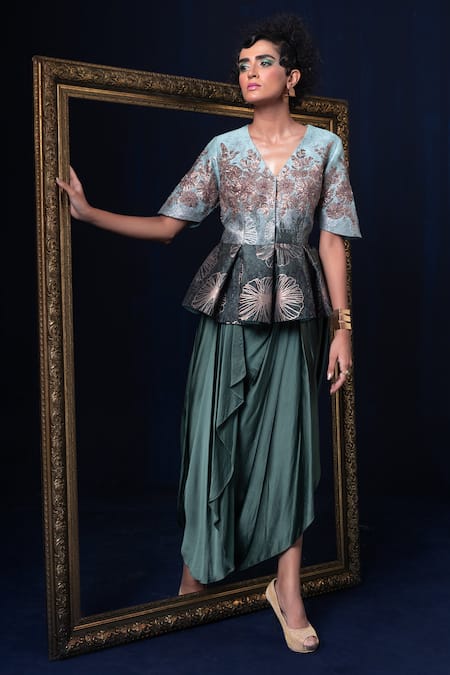 Adi By Aditya Khandelwl Blue Jacquard Embroidery V-neck Hand Peplum Top And Skirt Set 