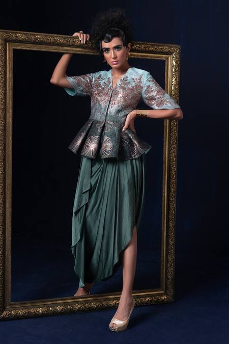 Shop_Adi By Aditya Khandelwl_Blue Jacquard Embroidery V-neck Hand Peplum Top And Skirt Set _Online_at_Aza_Fashions
