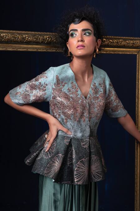 Adi By Aditya Khandelwl_Blue Jacquard Embroidery V-neck Hand Peplum Top And Skirt Set _at_Aza_Fashions