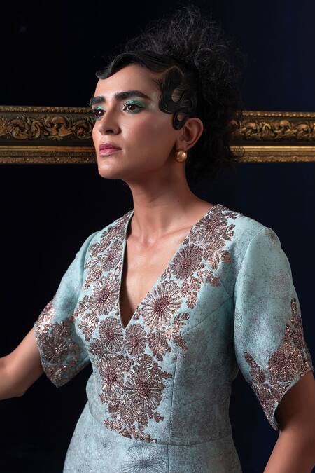 Buy Adi By Aditya Khandelwl Blue Jacquard, Crepe Embroidery V-neck Hand Kurta Set Online at Aza Fashions Buy_Adi By Aditya Khandelwl_Blue Jacquard, Crepe Embroidery V-neck Hand Kurta Set _Online_at_Aza_Fashions