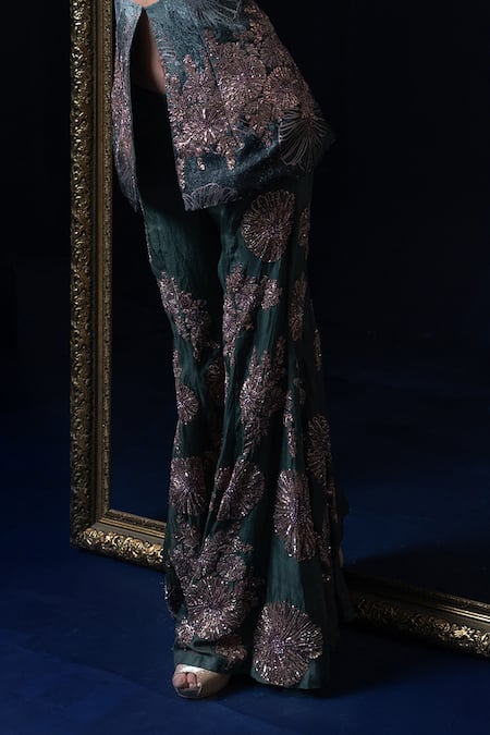 Adi By Aditya Khandelwl_Blue Jacquard Embroidery Open Neck And Green Hand Kurta Set _Online_at_Aza_Fashions