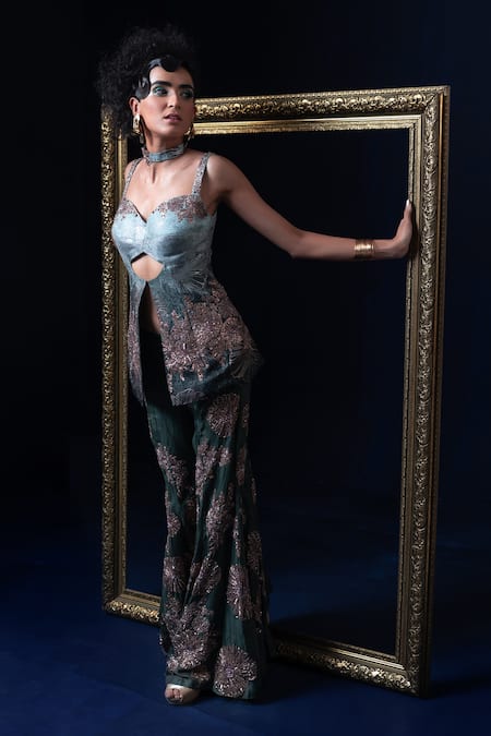 Adi By Aditya Khandelwl Blue & Green Hand Embroidered Kurta Set 