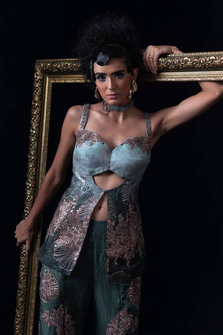 Buy_Adi By Aditya Khandelwl_Blue Jacquard Embroidery Open Neck And Green Hand Kurta Set 