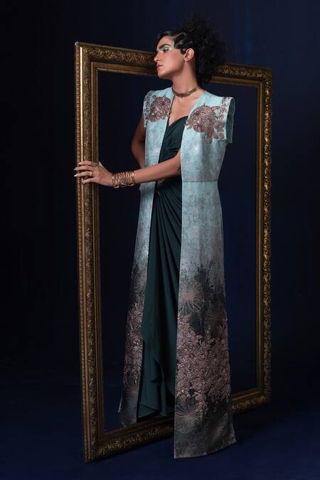 Shop Adi By Aditya Khandelwl Blue Jacquard Embroidery Sweetheart , Round And Green Hand Kurta Set Online at Aza Fashions Shop_Adi By Aditya Khandelwl_Blue Jacquard Embroidery Sweetheart , Round And Green Hand Kurta Set _Online_at_Aza_Fashions