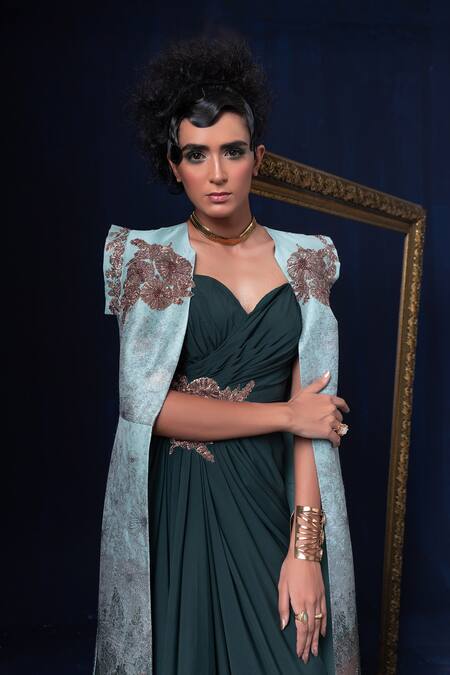 Buy Adi By Aditya Khandelwl Blue Jacquard Embroidery Sweetheart , Round And Green Hand Kurta Set Buy_Adi By Aditya Khandelwl_Blue Jacquard Embroidery Sweetheart , Round And Green Hand Kurta Set