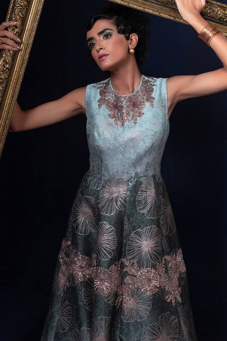 Adi By Aditya Khandelwl Blue Jacquard Embroidery Round Neck Hand Anarkali Kurta Set Online at Aza Fashions Adi By Aditya Khandelwl_Blue Jacquard Embroidery Round Neck Hand Anarkali Kurta Set _Online_at_Aza_Fashions