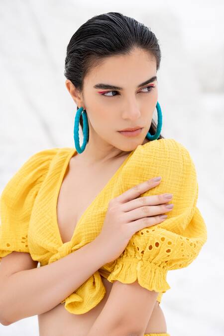 Buy Beachbum Yellow Cotton Cut Work Plunge Neck Sun Schiffli Skirt And Tie Top Set Online at Aza Fashions Buy_Beachbum_Yellow Cotton Cut Work Plunge Neck Sun Schiffli Skirt And Tie Top Set _Online_at_Aza_Fashions