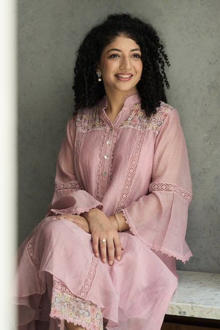 OMI_Pink Chanderi, Cotton Satin Embroidery Collared Kurta Set _Online_at_Aza_Fashions