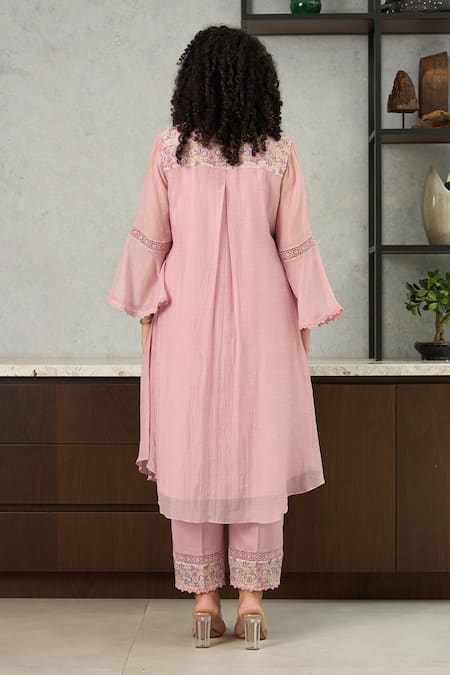 Shop_OMI_Pink Chanderi, Cotton Satin Embroidery Collared Kurta Set _at_Aza_Fashions