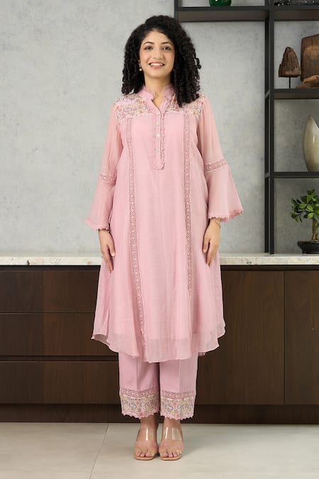 Buy_OMI_Pink Chanderi, Cotton Satin Embroidery Collared Kurta Set _Online_at_Aza_Fashions