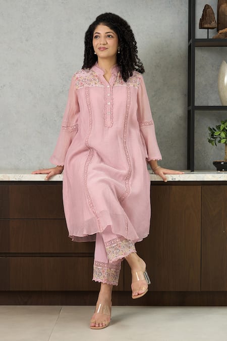 Shop_OMI_Pink Chanderi, Cotton Satin Embroidery Collared Kurta Set _Online_at_Aza_Fashions