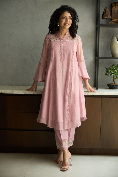Buy_OMI_Pink Chanderi, Cotton Satin Embroidery Collared Kurta Set 