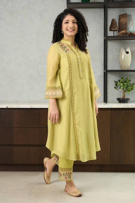 Buy_OMI_Lavender Chanderi, Cotton Satin Embroidery Lime Green Straight Kurta Set _Online_at_Aza_Fashions