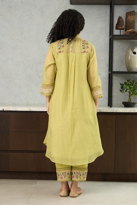 Shop_OMI_Lavender Chanderi, Cotton Satin Embroidery Lime Green Straight Kurta Set _at_Aza_Fashions