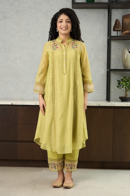 Shop_OMI_Lavender Chanderi, Cotton Satin Embroidery Lime Green Straight Kurta Set _Online_at_Aza_Fashions