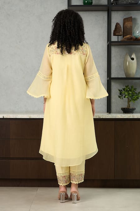 Shop_OMI_Yellow Chanderi, Cotton Satin Embroidery Collared Kurta Set _at_Aza_Fashions