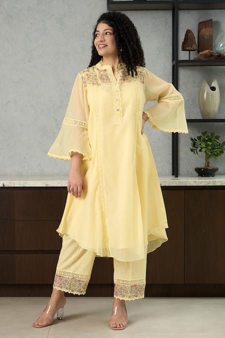 OMI Yellow Chanderi, Cotton Satin Embroidery Collared Kurta Set 