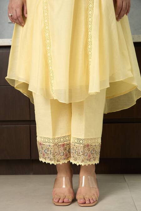 Buy_OMI_Yellow Chanderi, Cotton Satin Embroidery Collared Kurta Set _Online_at_Aza_Fashions
