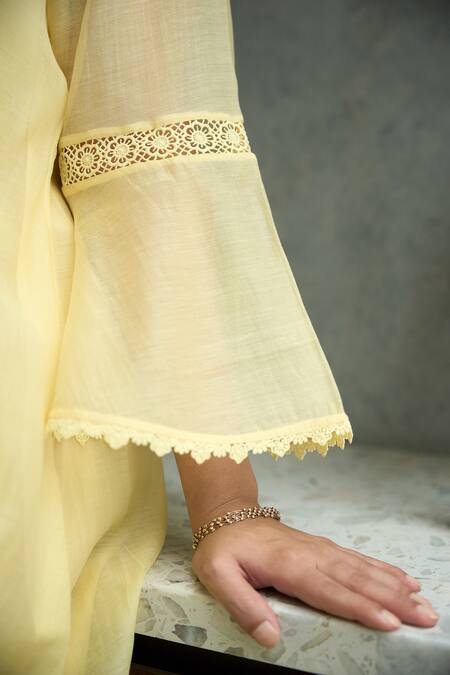 Shop_OMI_Yellow Chanderi, Cotton Satin Embroidery Collared Kurta Set _Online_at_Aza_Fashions