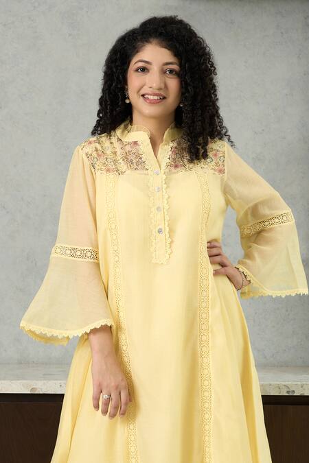 Buy_OMI_Yellow Chanderi, Cotton Satin Embroidery Collared Kurta Set 