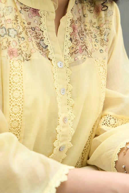 Shop_OMI_Yellow Chanderi, Cotton Satin Embroidery Collared Kurta Set 