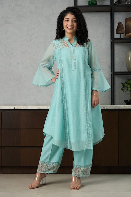 OMI Aqua Chanderi, Cotton Satin Embroidery Collared Blue Kurta Set 