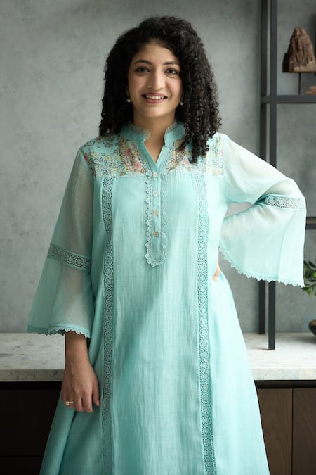 OMI_Aqua Chanderi, Cotton Satin Embroidery Collared Blue Kurta Set _Online_at_Aza_Fashions