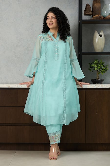 Buy_OMI_Aqua Chanderi, Cotton Satin Embroidery Collared Blue Kurta Set _Online_at_Aza_Fashions