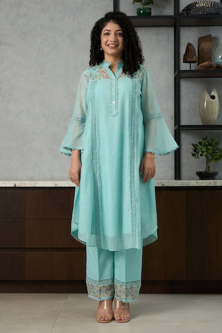 Shop_OMI_Aqua Chanderi, Cotton Satin Embroidery Collared Blue Kurta Set _Online_at_Aza_Fashions