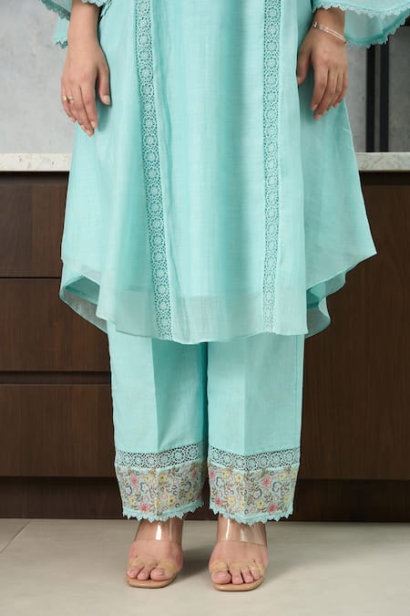 OMI_Aqua Chanderi, Cotton Satin Embroidery Collared Blue Kurta Set _at_Aza_Fashions