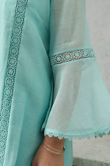 Buy_OMI_Aqua Chanderi, Cotton Satin Embroidery Collared Blue Kurta Set 