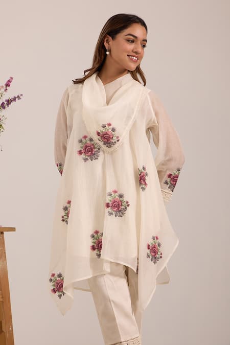 OMI_Off White Chanderi, Cotton Satin Embroidery Round Neck Cowl Kurta Set  _Online_at_Aza_Fashions