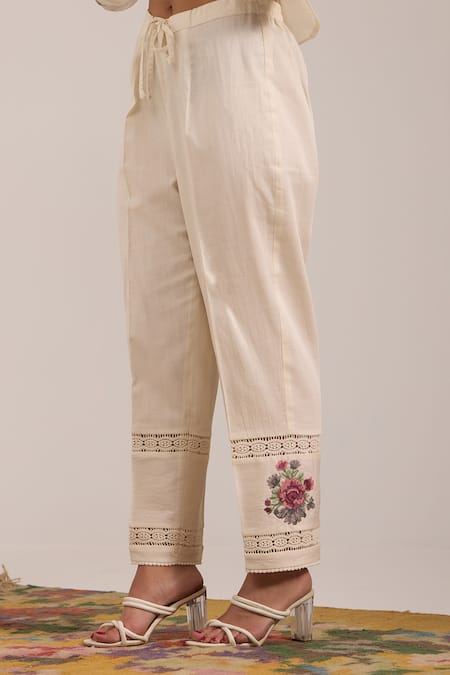 Shop_OMI_Off White Chanderi, Cotton Satin Embroidery Round Neck Cowl Kurta Set  _Online_at_Aza_Fashions