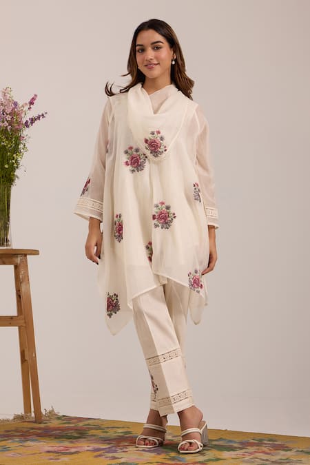 OMI Off White Chanderi, Cotton Satin Embroidery Round Neck Cowl Kurta Set  