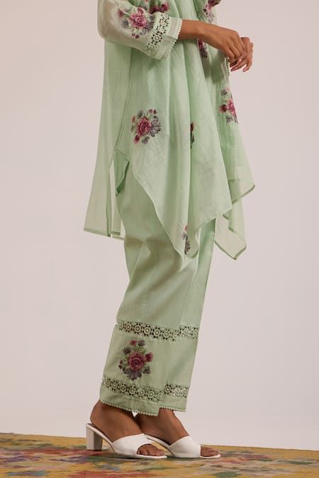 Shop_OMI_Green Chanderi, Cotton Satin Embroidery Round Neck Sea Kurta Set _Online_at_Aza_Fashions