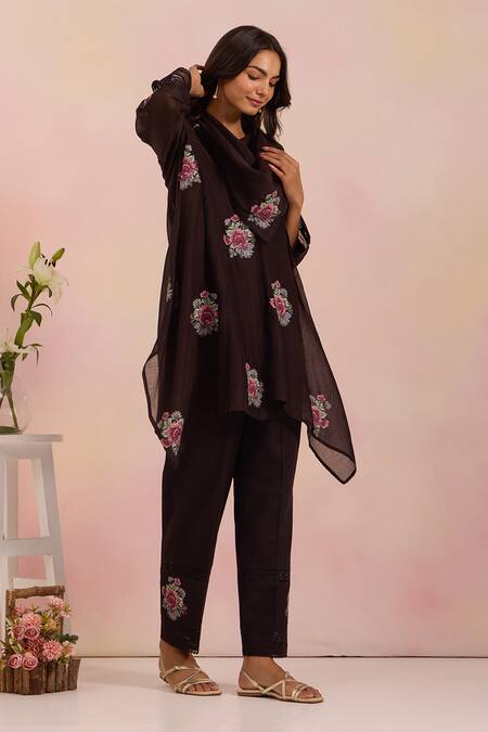 OMI_Black Chanderi, Cotton Satin Embroidery Cowl Neck Kurta Set _Online_at_Aza_Fashions